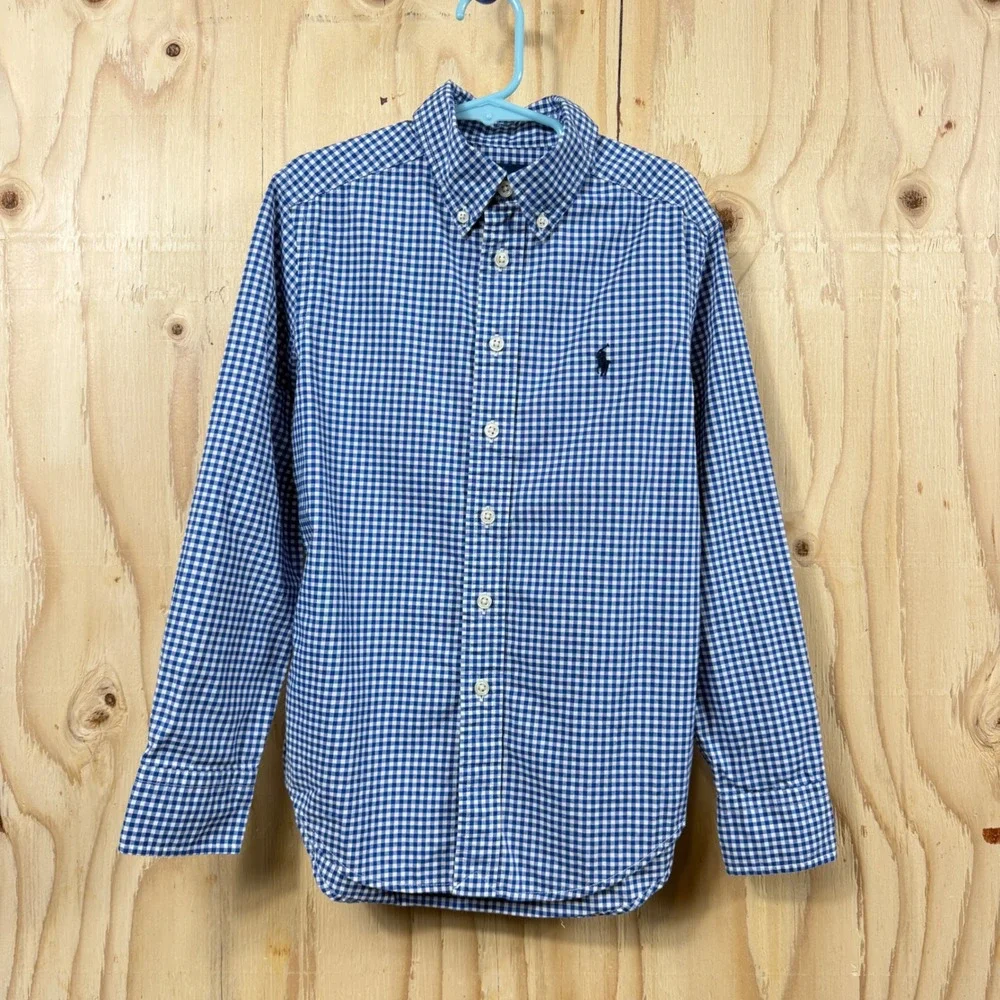 Ralph Lauren Button Down Shirt Kids Sz 8 Blue Gingham Polo Pony Natural Stretch